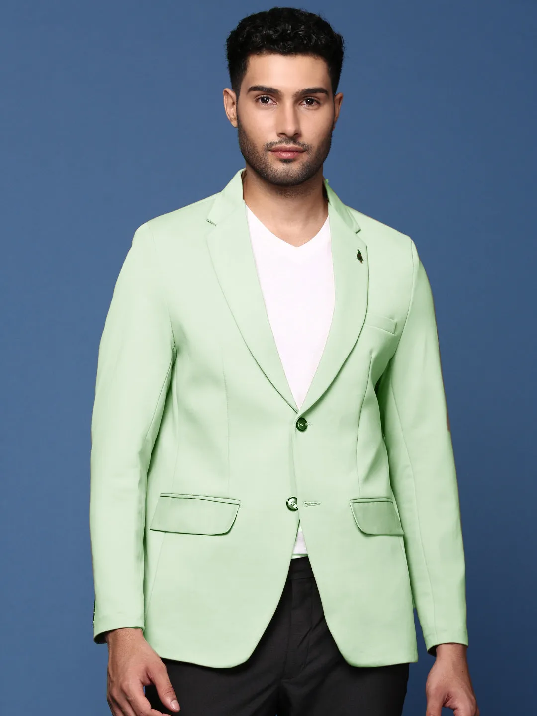 Men Green Solid Single Breasted Blazer