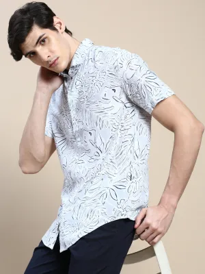 Men Grey Standard Floral Printed Cotton Casual Shirt